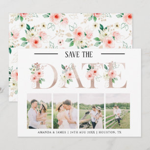 Convite Blush Floral 4 Photo Weding the Date Card