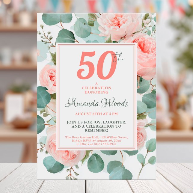 Convite Blush floral 50º aniversário com rosas e verde (Criador carregado)