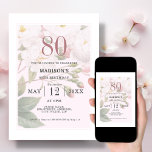 Convite Blush Floral | 80th Birthday<br><div class="desc">These stunning birthday invitations feature lush,  watercolor flowers in pastel tones colors such as blush pink,  dusty rose,  and soft green leaves with a clean white border. An elegant classic floral look on a pastel pink background.</div>