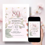 Convite Blush Floral | 80th Birthday<br><div class="desc">These stunning birthday invitations feature lush, watercolor flowers in pastel tones colors such as blush pink, dusty rose, and soft green leaves with a clean white border. An elegant classic floral look on a pastel pink background.</div>