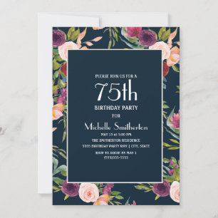 Convite Blush Floral Azul Borgonha Aniversário de 75 anos