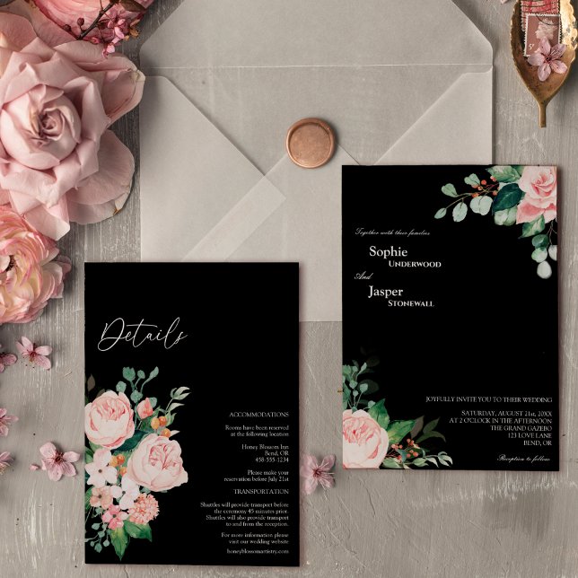 Convite Blush Floral Black Detalhes Todos Em Um Casamento (Criador carregado)