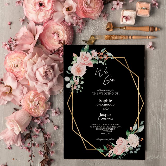 Convite Blush Floral Black Simple Nós Fazemos Casamento (Criador carregado)