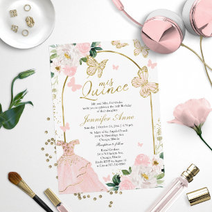 Convite Blush Floral Borboleta Enfeitiçada Quinceanera