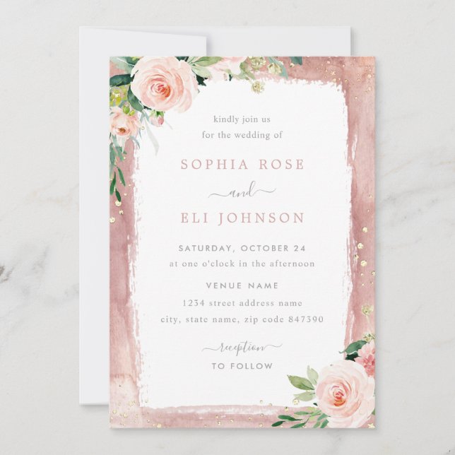 Convite Blush Floral & Border Elegant Casamento Encantado (Frente)