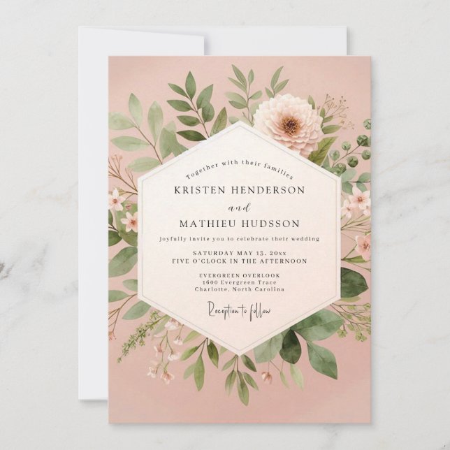 Convite Blush Floral Botanical Romance Wedding (Frente)