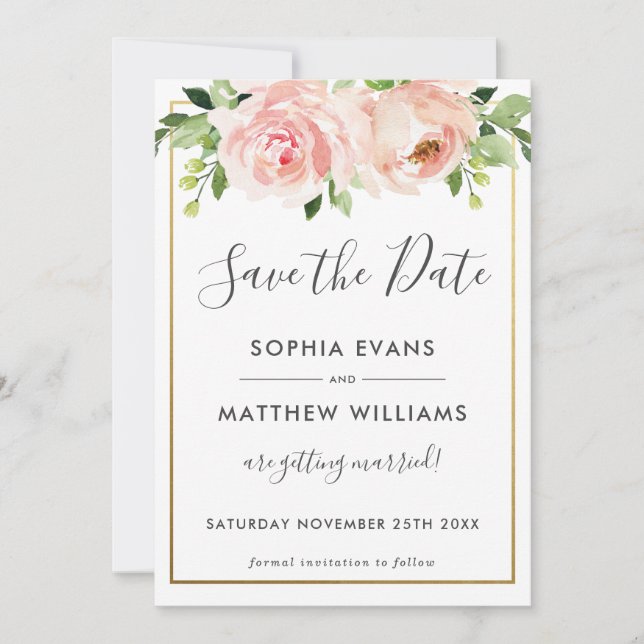 Convite Blush Floral Botânico Weding the Date Card (Frente)