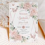 Convite Blush Floral Butterflies Rosa Dourado Doce Dezesse<br><div class="desc">Personalize este elegante cartão de convite floral cor-de-rosa, cor-de-rosa, Sweet 16, fácil e rapidamente. Basta clicar no botão Editar usando ferramentas de Designs para editar os textos, alterar as fontes e as cores das fontes. Apresentando rosas cor-de-água suave, rosas cor-de-rosa, borboletas de ouro rosa e uma estrutura geométrica moderna de...</div>