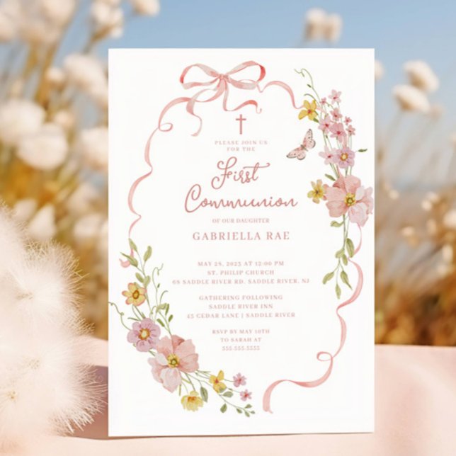 Convite Blush Floral Butterfly Communion Invitation (Criador carregado)