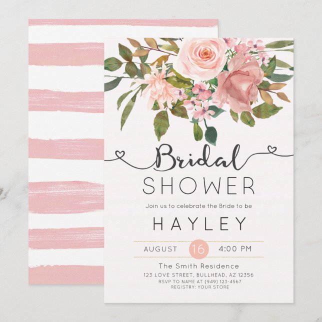 Convite Blush Floral Chá de panela Invite (Frente/Verso)