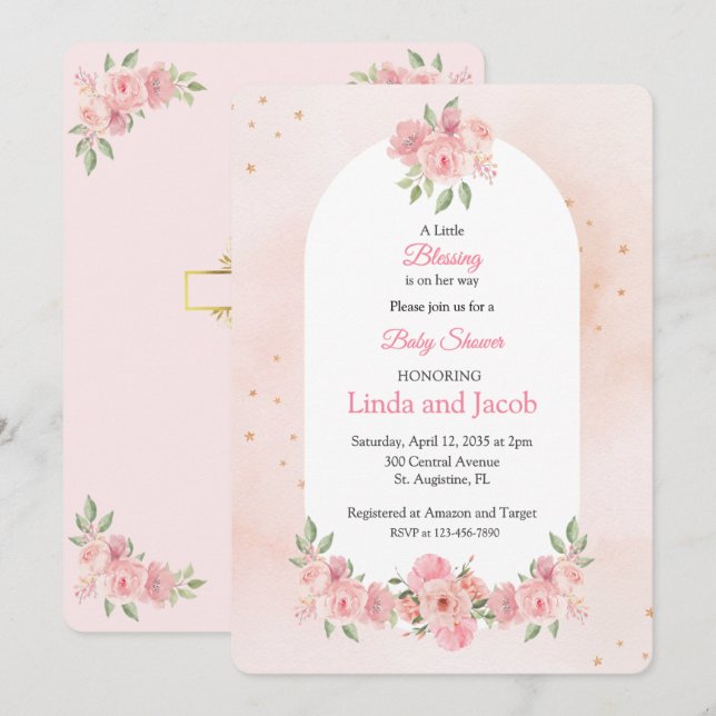Convite Blush Floral Christian Baby Shower with Gold Cross (Frente/Verso)