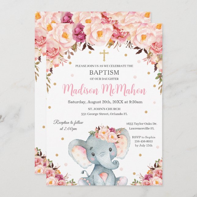 Convite Blush Floral Cute Elephant Christening (Frente/Verso)