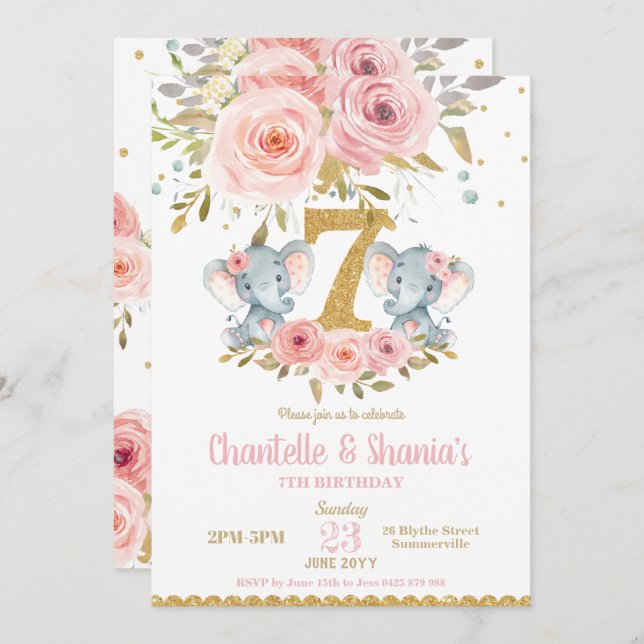 Convite Blush Floral Cute Elephant Twin Girls 7 Aniversári (Frente/Verso)