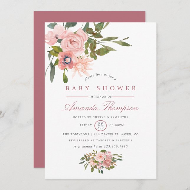 Convite Blush floral de aquarela e Chá de fraldas Dourado (Frente/Verso)