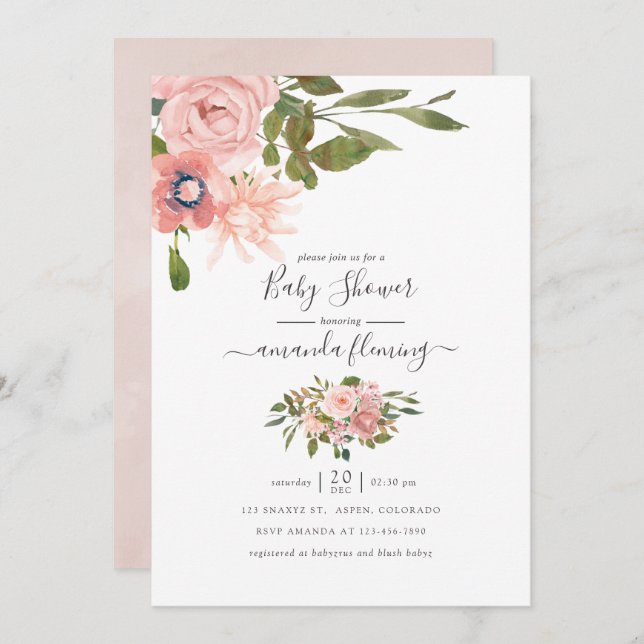 Convite Blush floral de aquarela e Chá de fraldas Dourado (Frente/Verso)
