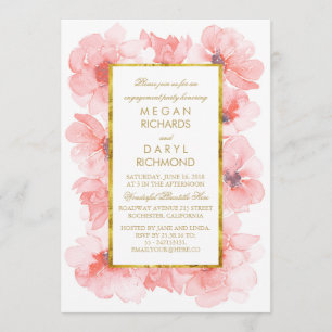 Convite Blush Floral de Aquarela e Festa de noivado Dourad