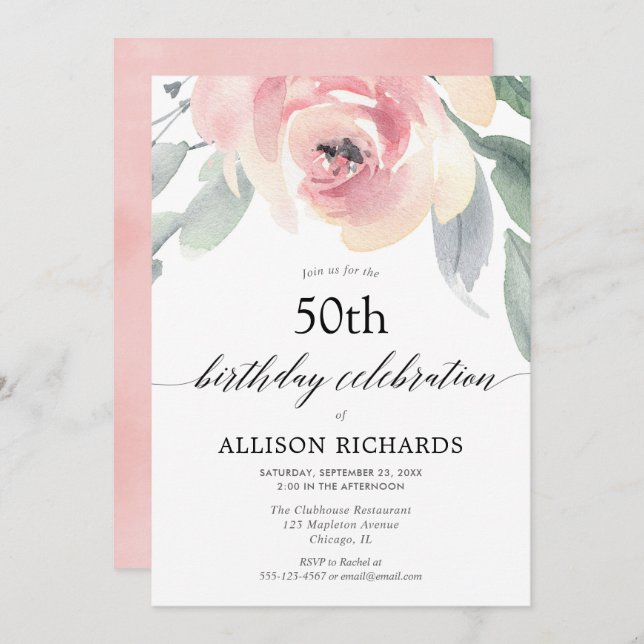 Convite Blush floral de aquarela mulheres festas de aniver (Frente/Verso)