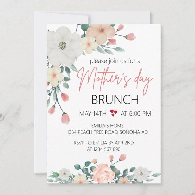 Convite Blush Floral dia de as mães Brunch (Frente)