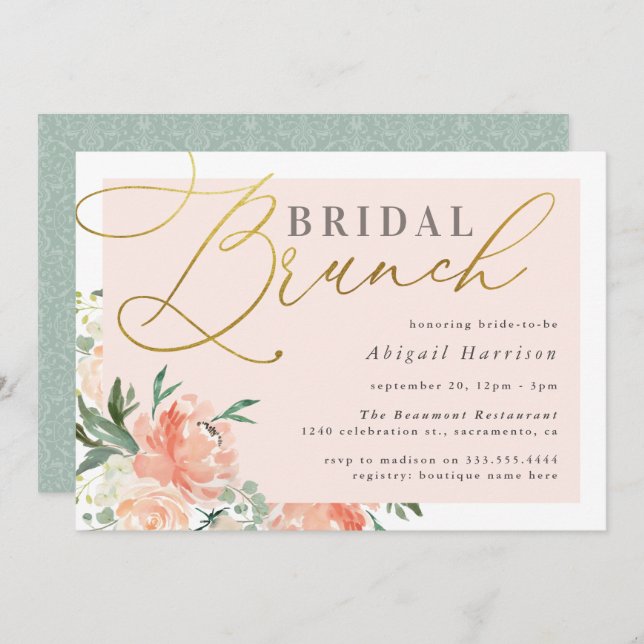 Convite Blush Floral Dourado Bridal Brunch (Frente/Verso)