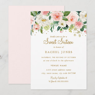 Convite Blush Floral Dourado Sweet Sixteen
