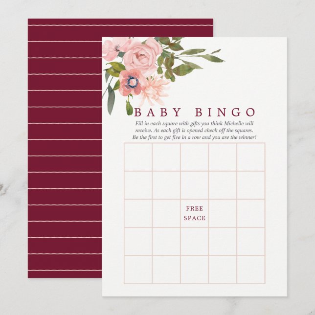 Convite Blush Floral e Burgundy Chá de fraldas Baby Bingo (Frente/Verso)