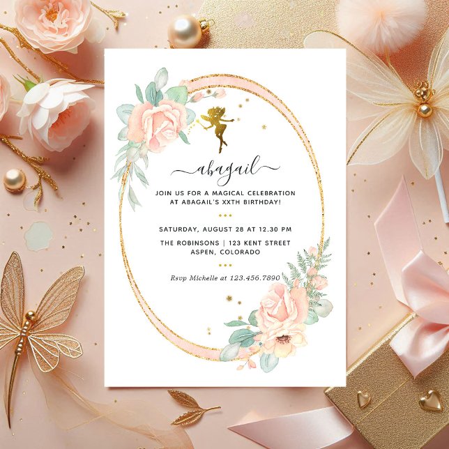 Convite Blush Floral e Festa de aniversário Dourada, de as (Fairy-Themed Floral Gold Birthday Party Photo Invitation)