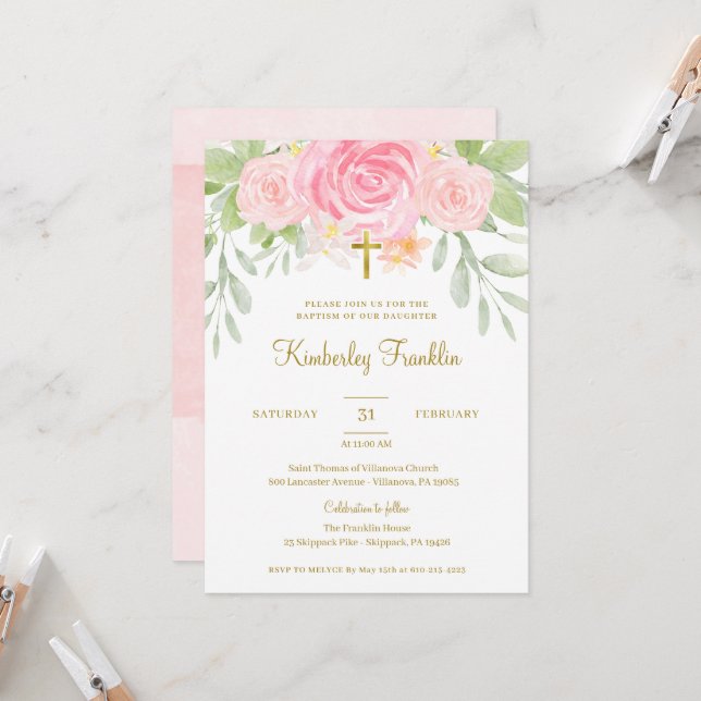 Convite Blush Floral e Gold Foil Girls Comunhão do Batismo (Frente/Verso In Situ)