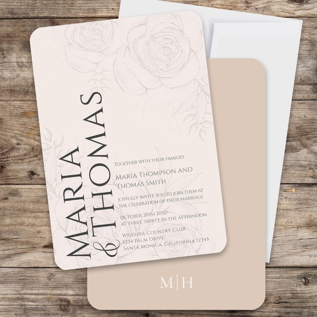 Convite Blush Floral Elegant Wedding Personalizado (Modern style typography wedding invitation with classic blush floral background, )