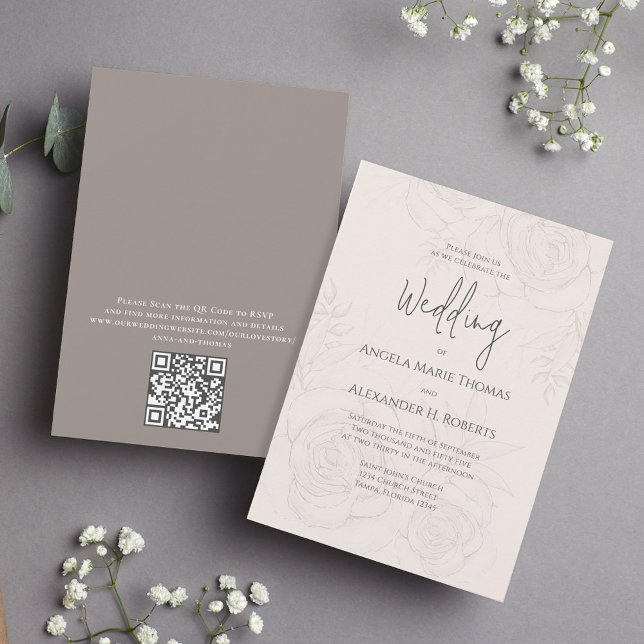 Convite Blush Floral Elegante Simples | Código QR (Elegant blush floral wedding invitation with elegant calligraphy script. with QR Code. )