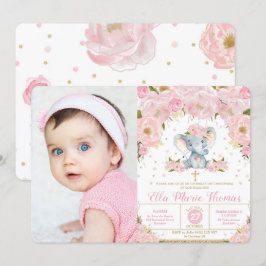 Convite Blush Floral Elephant Baptism Girl Foto