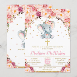 Convite Blush Floral Elephant Christening Baptism Girl