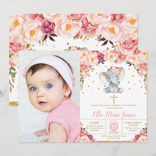 Convite Blush Floral Elephant Christening Foto do Batismo (Frente/Verso)