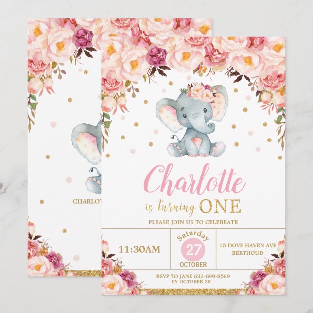 Convite Blush Floral Elephant primeiro aniversario Dourado (Frente/Verso)
