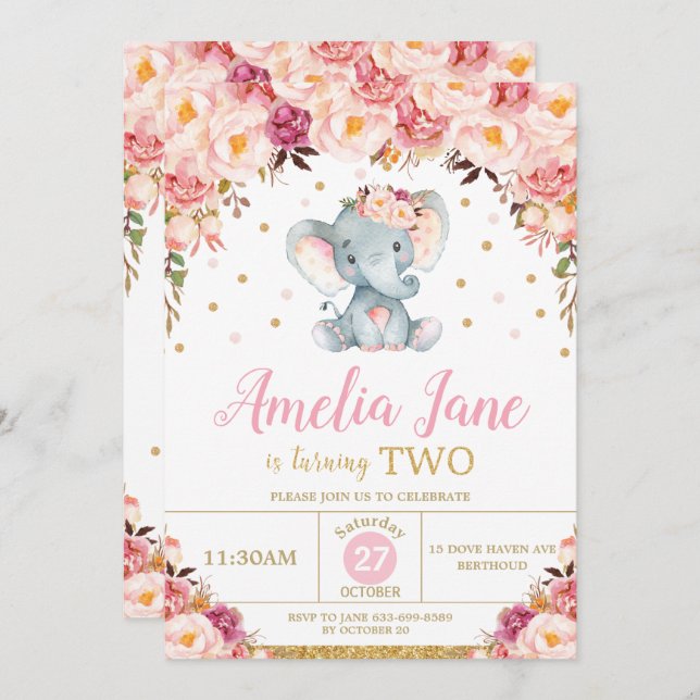 Convite Blush Floral Elephant segundo aniversário Dourado  (Frente/Verso)