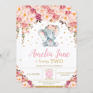 Convite Blush Floral Elephant segundo aniversário Dourado