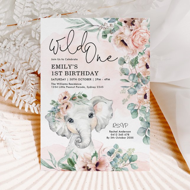 Convite Blush Floral Elephant Wild One primeiro aniversari (Criador carregado)