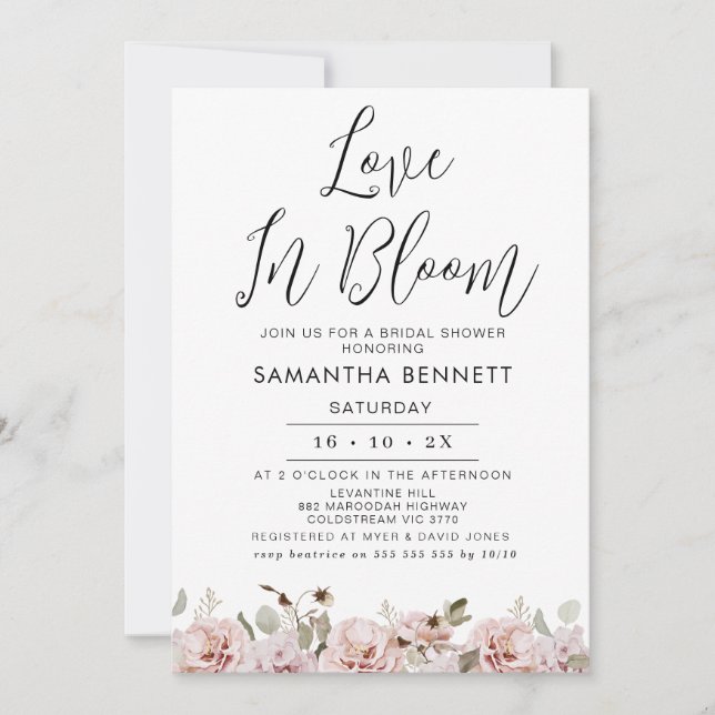 Convite Blush Floral Eucalyptus Love Bloom Chá de panela (Frente)