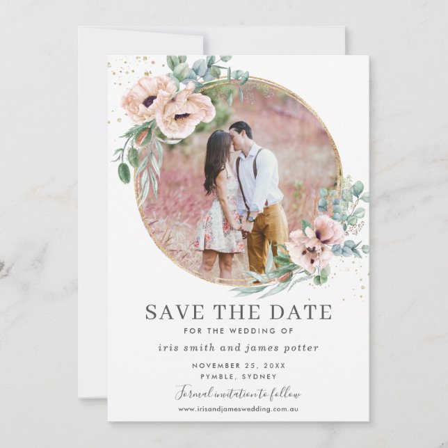 Convite Blush Floral Eucalyptus Photo Save the Date Card (Frente)