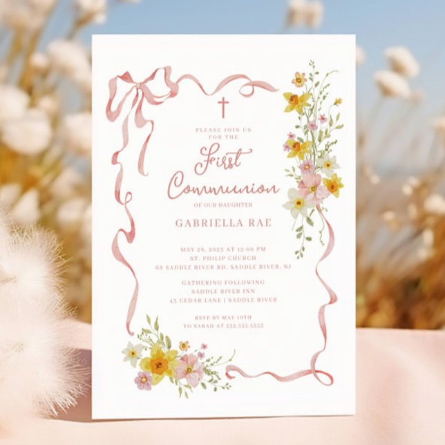 Convite Blush Floral First Communion Invitation (Criador carregado)