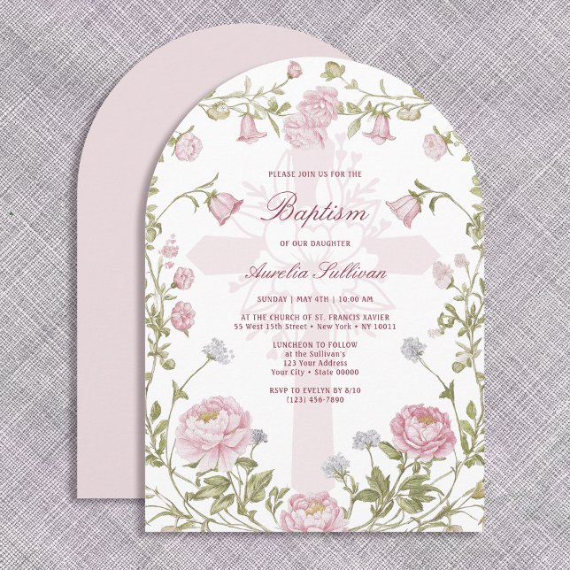 Convite Blush Floral Frame Holy Cross Baptism Invitation (Criador carregado)