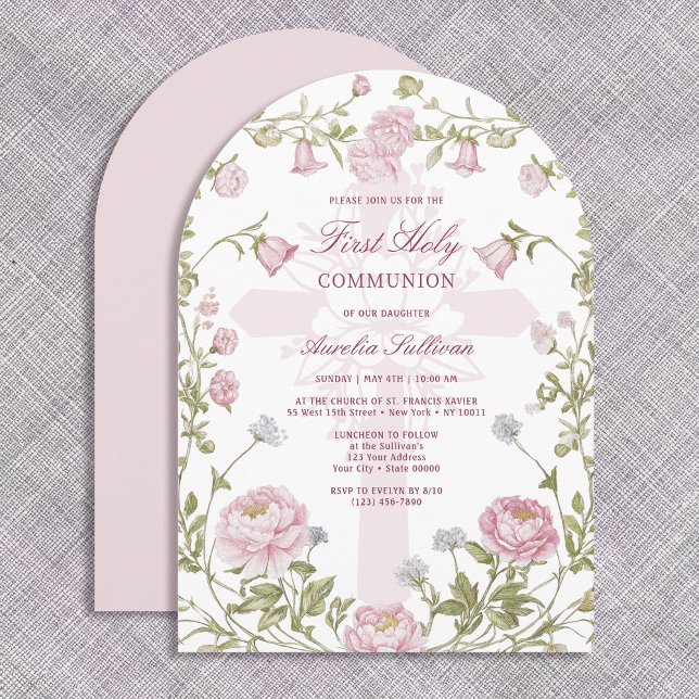 Convite Blush Floral Frame Holy Cross First Holy Communion (Criador carregado)