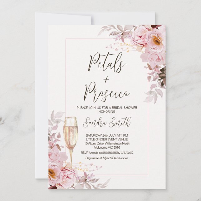 Convite Blush Floral Frame Petals Chá de panela Prosecco (Frente)