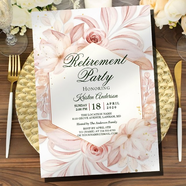 Convite Blush Floral Frame Retirement Party (Criador carregado)