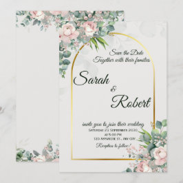 Convite Blush Floral Gold Arch Wedding Invitation