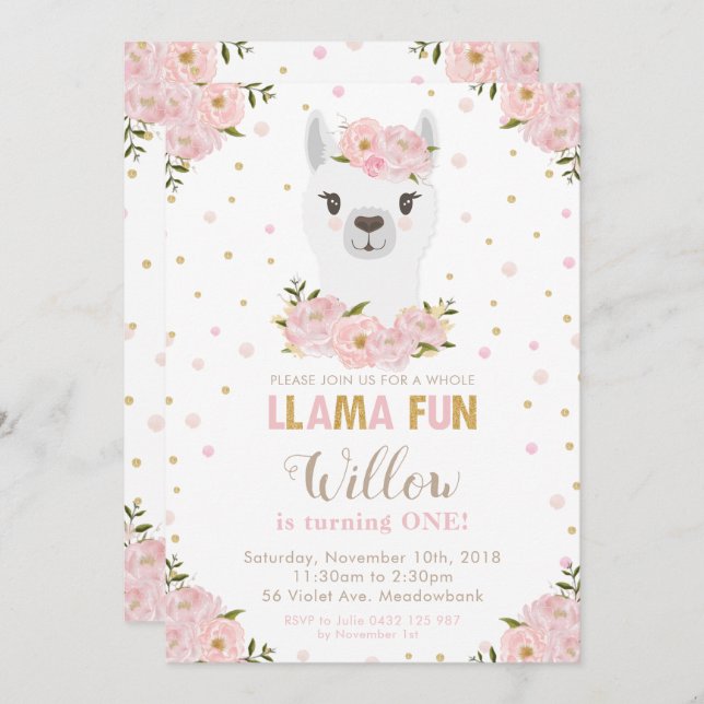 Convite Blush Floral Llama Birthday (Frente/Verso)