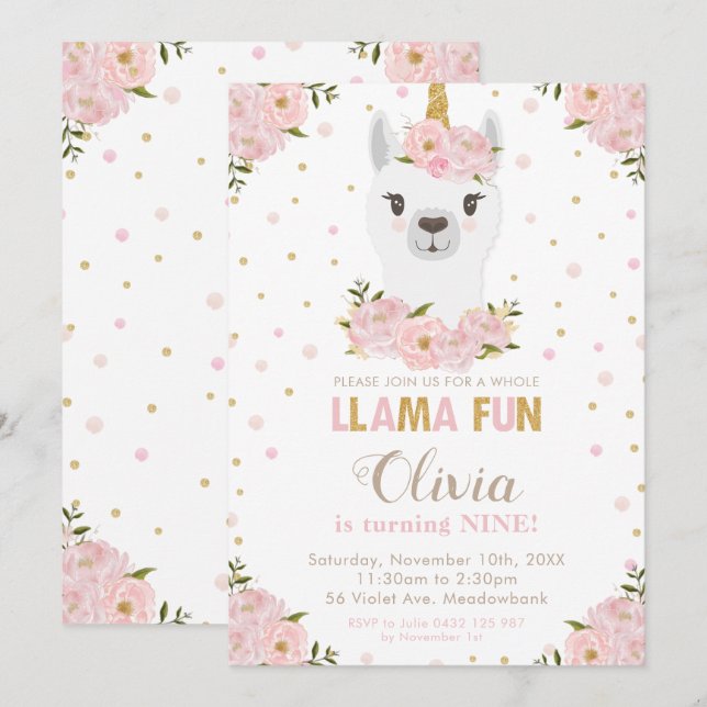 Convite Blush Floral Llama Unicorn Birthday Llamacorn (Frente/Verso)