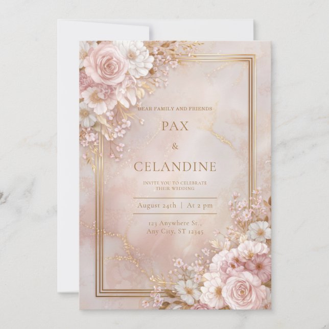 Convite Blush Floral Marble Gilded Frame Wedding (Frente)