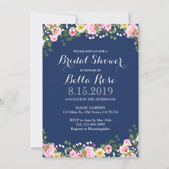 Convite Blush Floral Marinho Blue Chá de panela Invite (Frente)