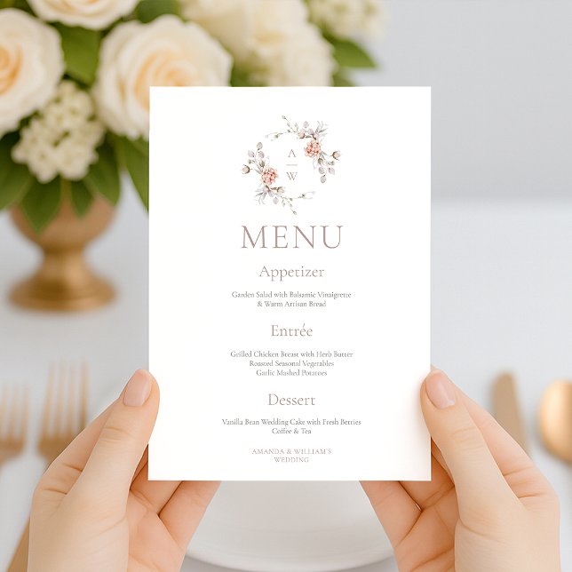 Convite Blush Floral Monogram Two-Sided Wedding Menu (Criador carregado)