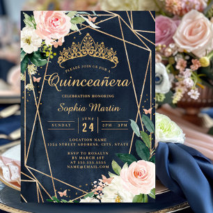 Convite Blush Floral Navy Geométrico Borboleta Quinceanera